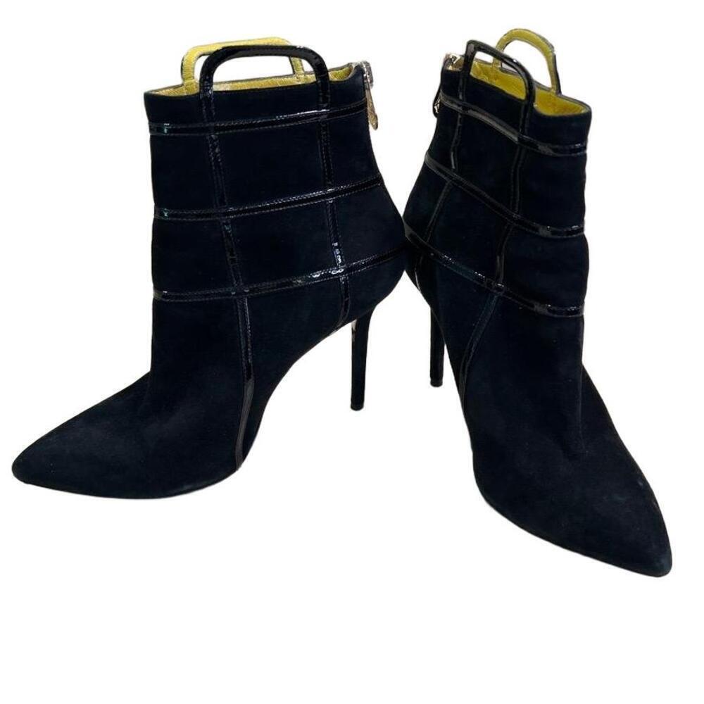Charlotte Olympia Black Pointed Toe Stiletto Heel Suede Zipper Ankle Boots 37.5
